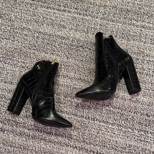 Black Croc-Embossed Ankle Boots